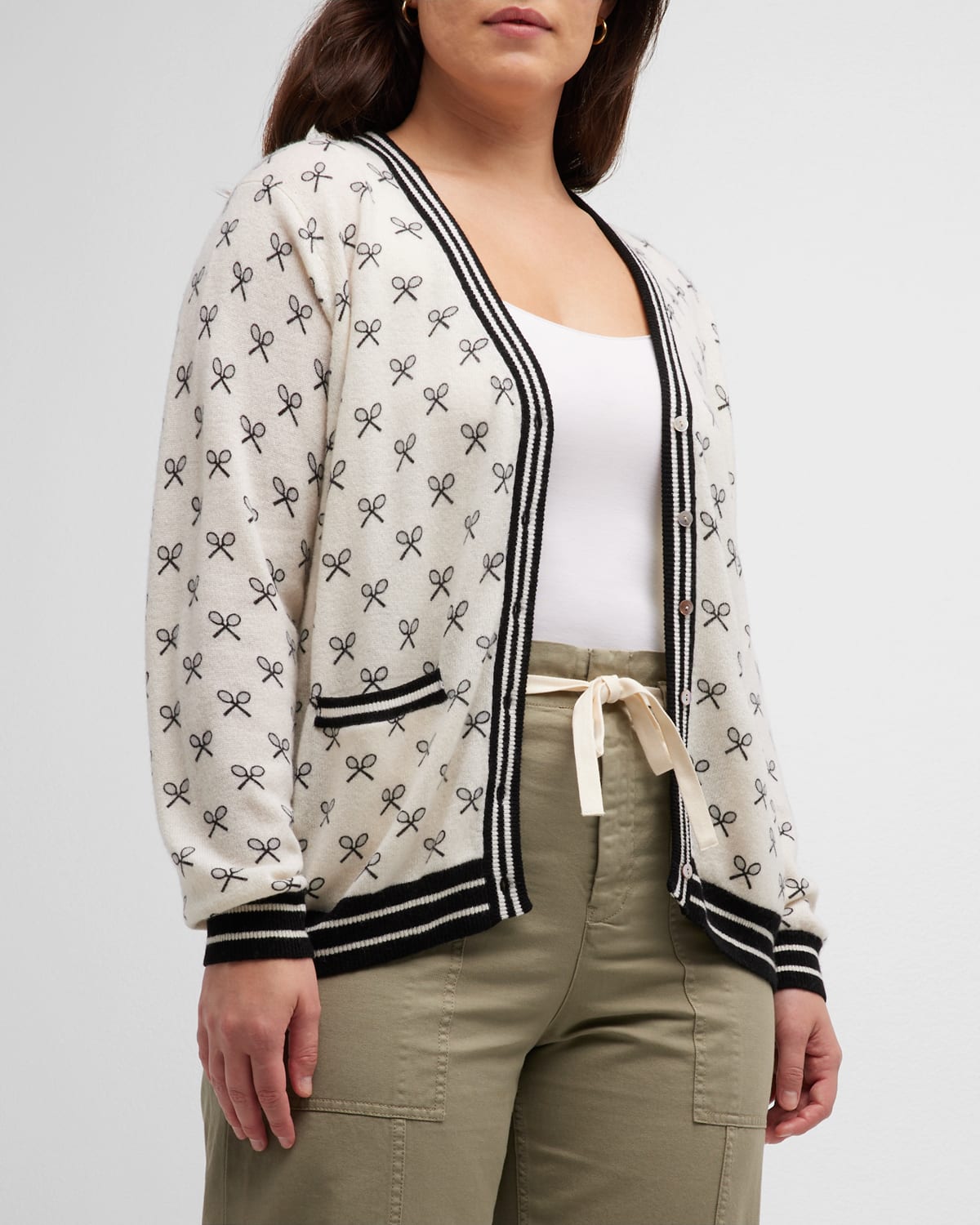 Minnie Rose Plus Plus Size Button-down Printed Cashmere Cardigan In White