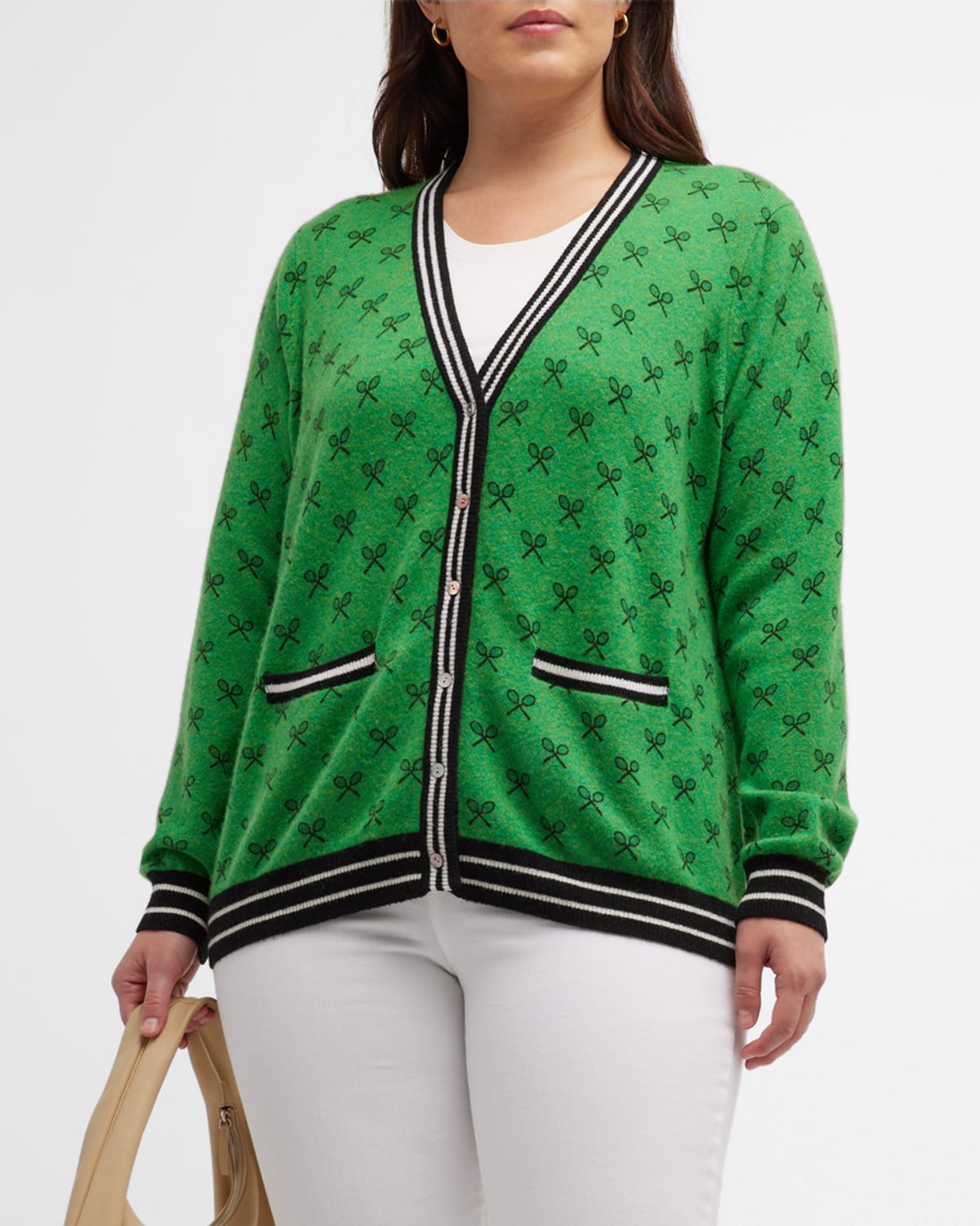 Minnie Rose Plus Plus Size Button-down Printed Cashmere Cardigan In Golf Green