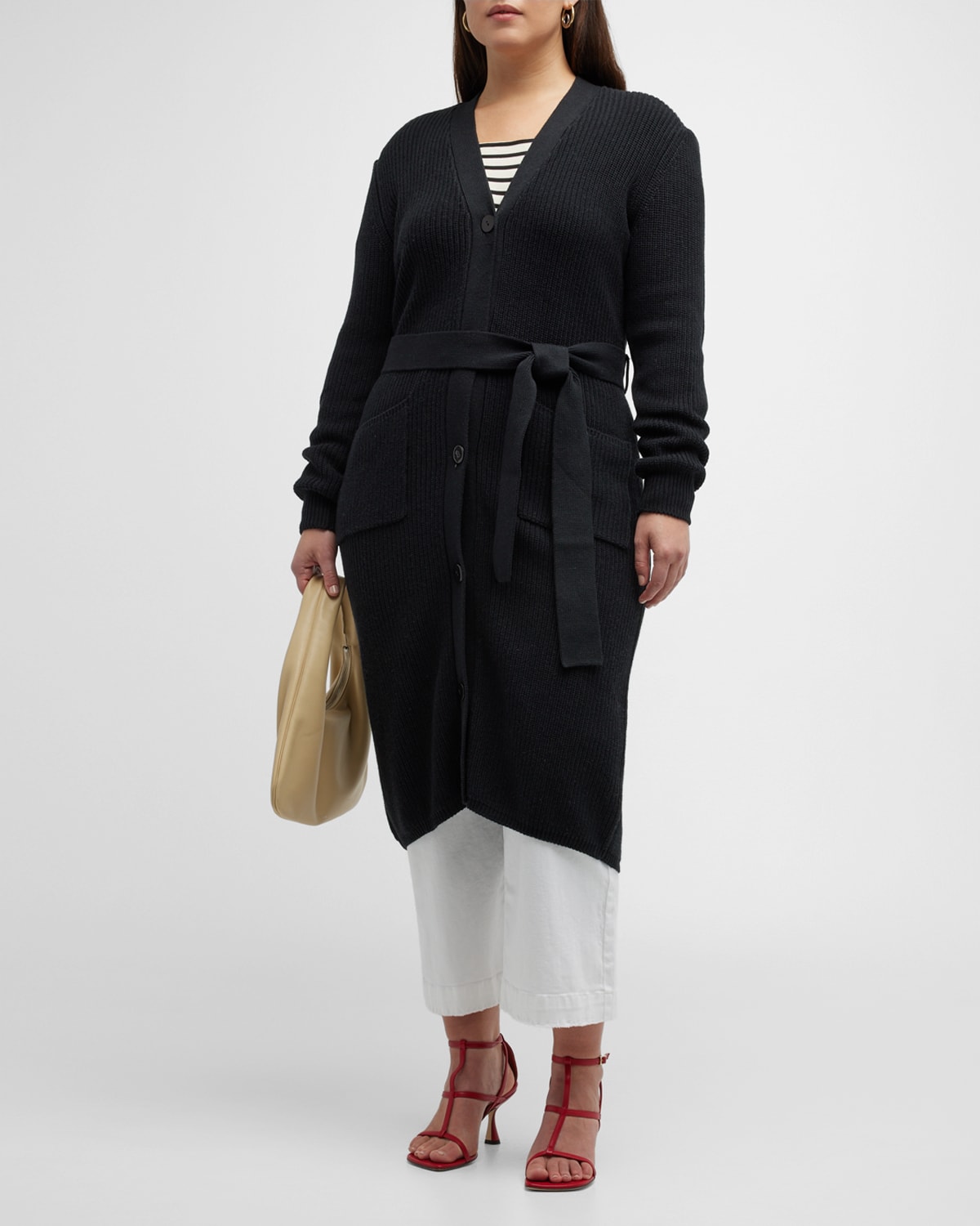 Minnie Rose Plus Ribbed Belted Cotton-cashmere Cardigan In Black