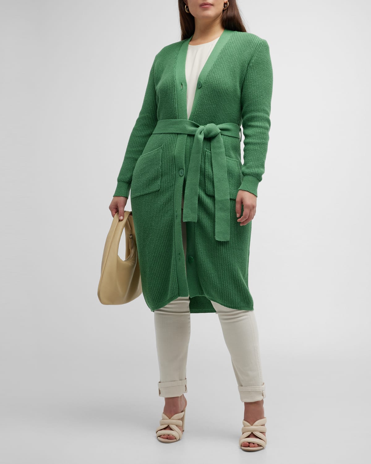 Minnie Rose Plus Ribbed Belted Cotton-cashmere Cardigan In Golf Green