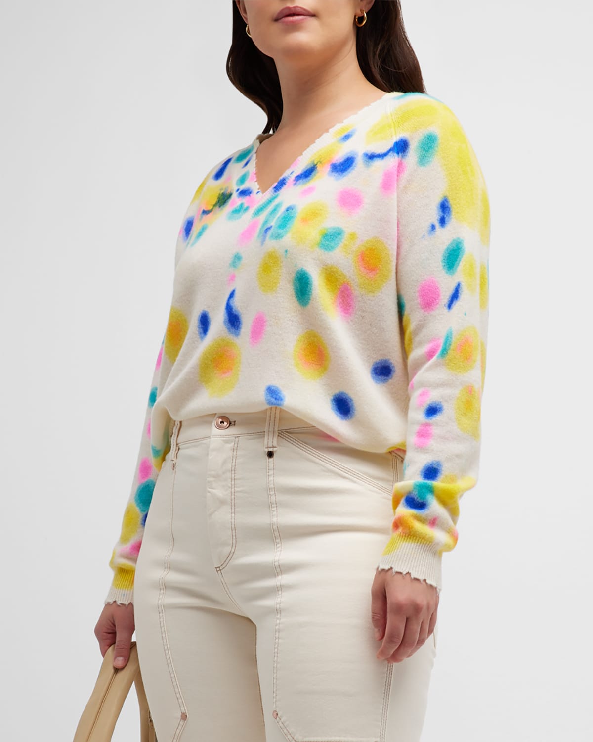 Minnie Rose Plus Plus Size Frayed-edge Tie-dye Cashmere Sweater In Multi Color