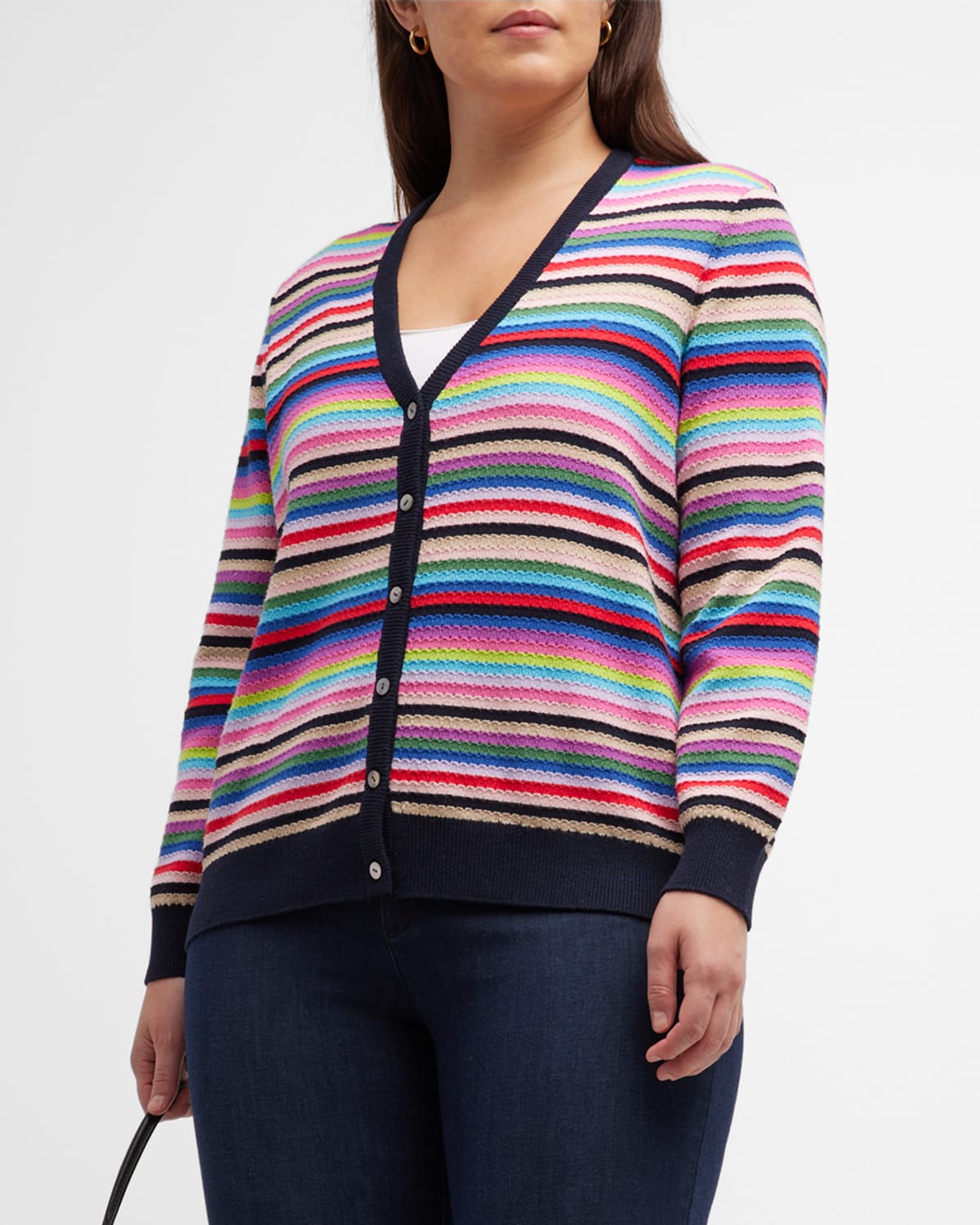 Minnie Rose Plus Plus Size Weekend Striped Button-down Cardigan In Multi Stripe