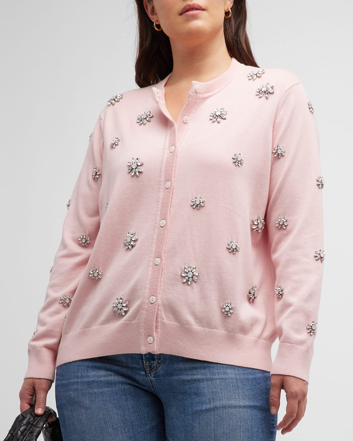 Minnie Rose Plus Plus Size Crystal Cotton-cashmere Cardigan In Pink Pearl