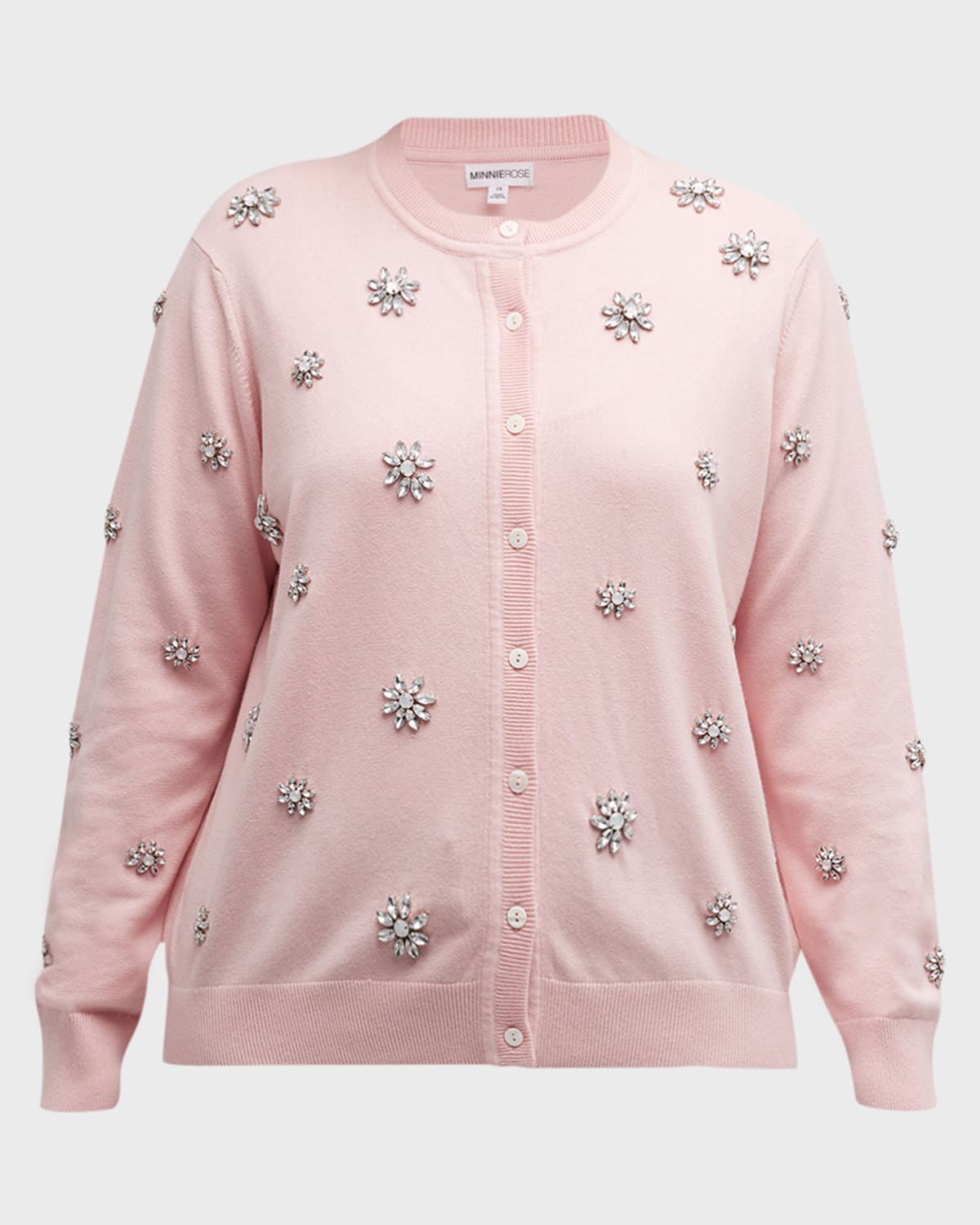 Minnie Rose Plus Plus Size Crystal Cotton-cashmere Cardigan In Pink Pearl