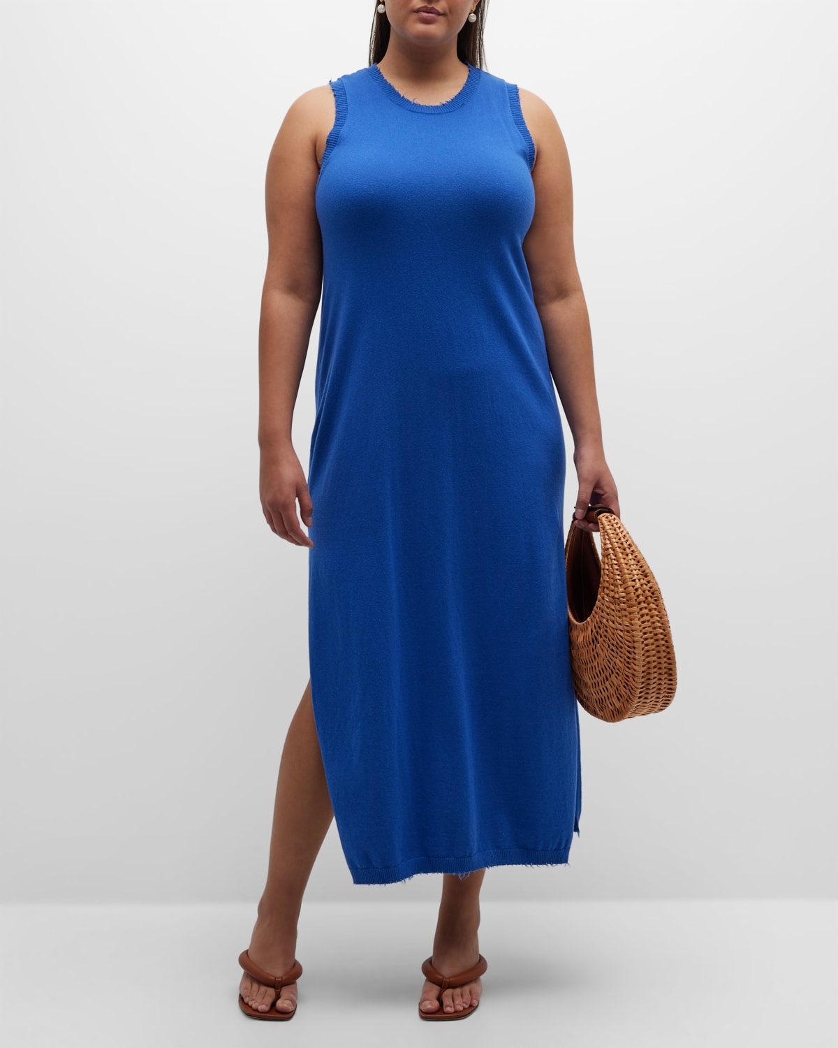 Minnie Rose Plus Plus Size Frayed-edge Cashmere-blend Dress In Bleu