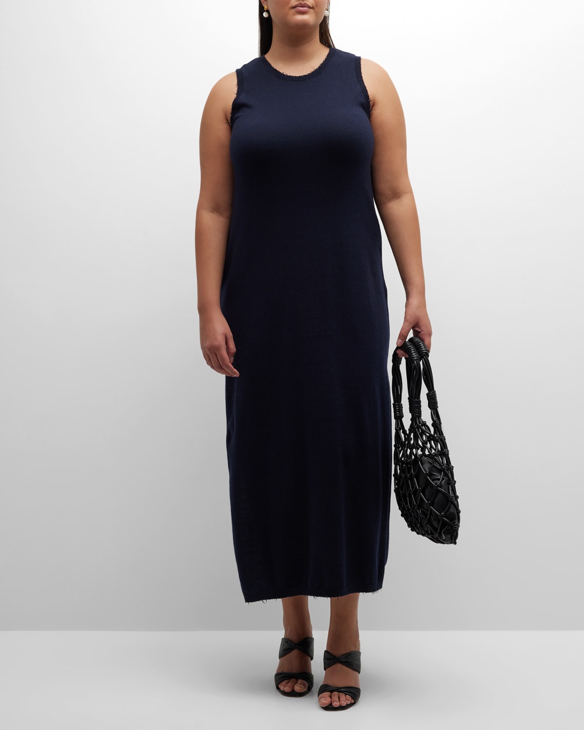 Minnie Rose Plus Plus Size Frayed-edge Cashmere-blend Dress In Navy