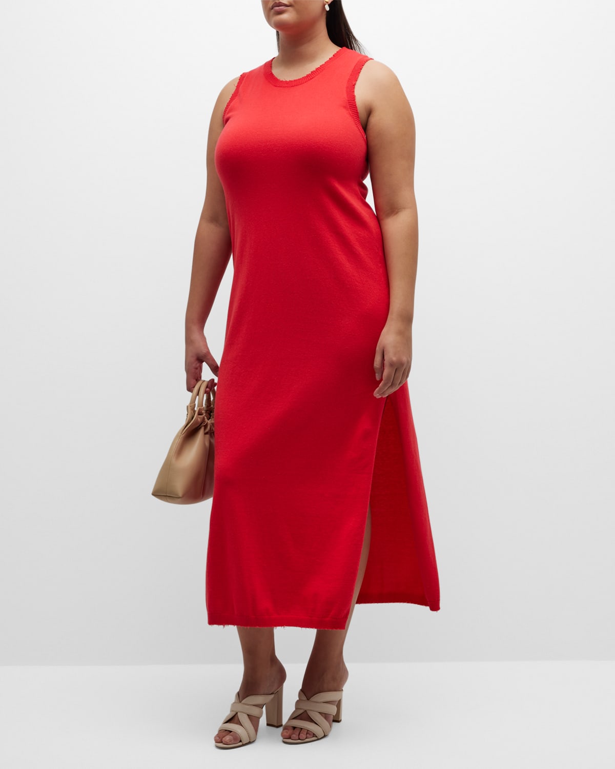 Minnie Rose Plus Plus Size Frayed-edge Cashmere-blend Dress In Rouge