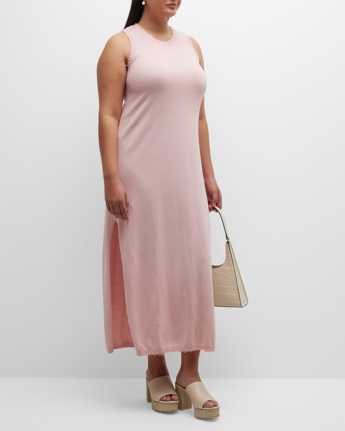 Minnie Rose Plus Plus Size Frayed-edge Cashmere-blend Dress In Pink Pearl