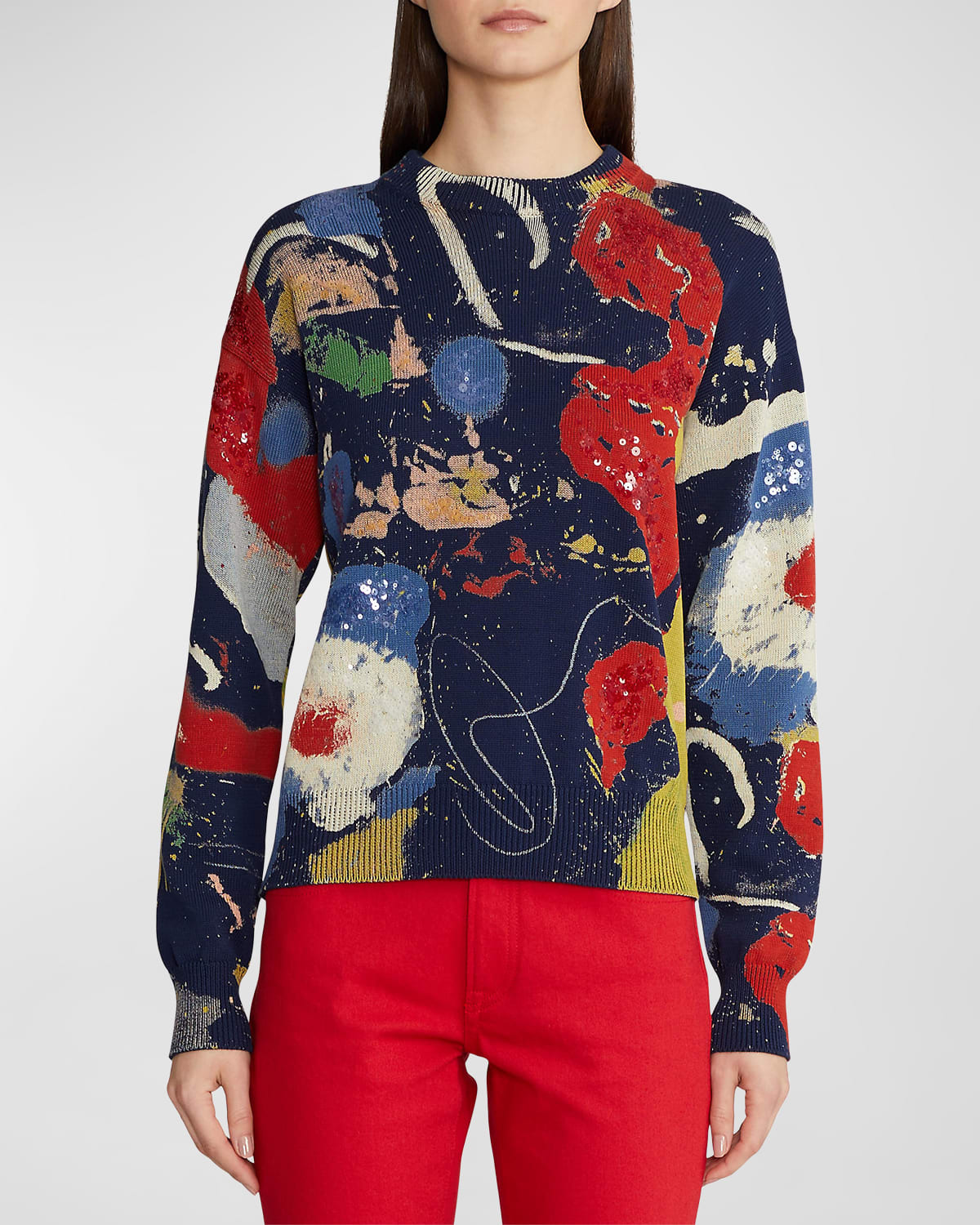 Splatter-Paint Long-Sleeve Crewneck Sweater