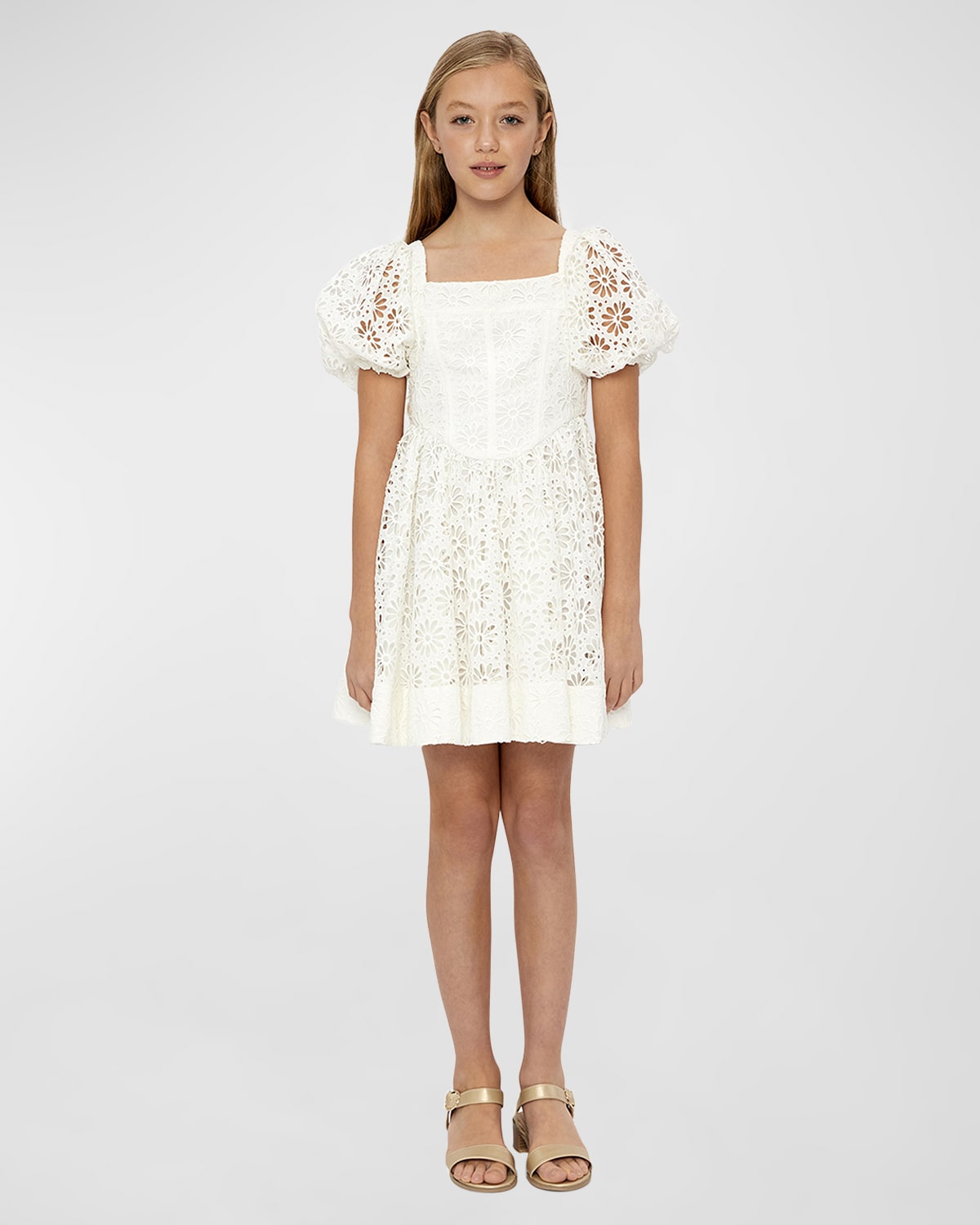 Girl's Iris Puff Sleeve Mini Broderie Dress, Size 8-14