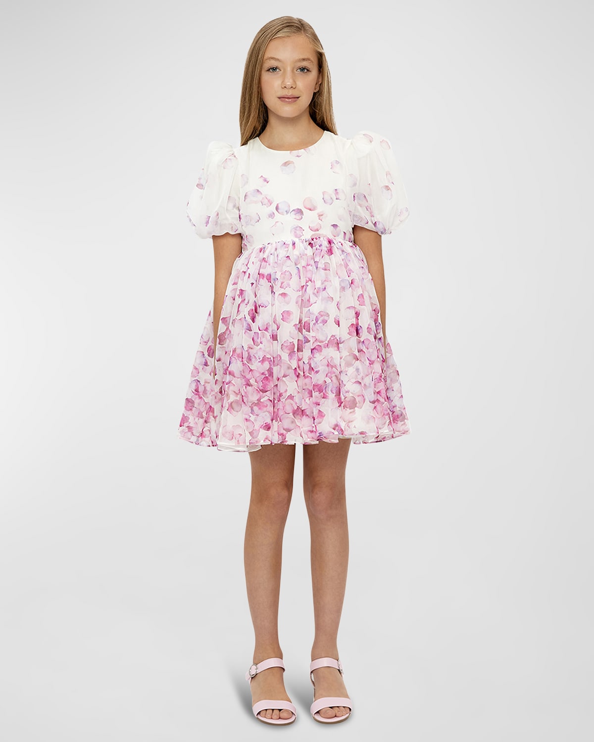 Girl's Haley Puff Sleeve Rose Petal-Print Dress, Size 4-12