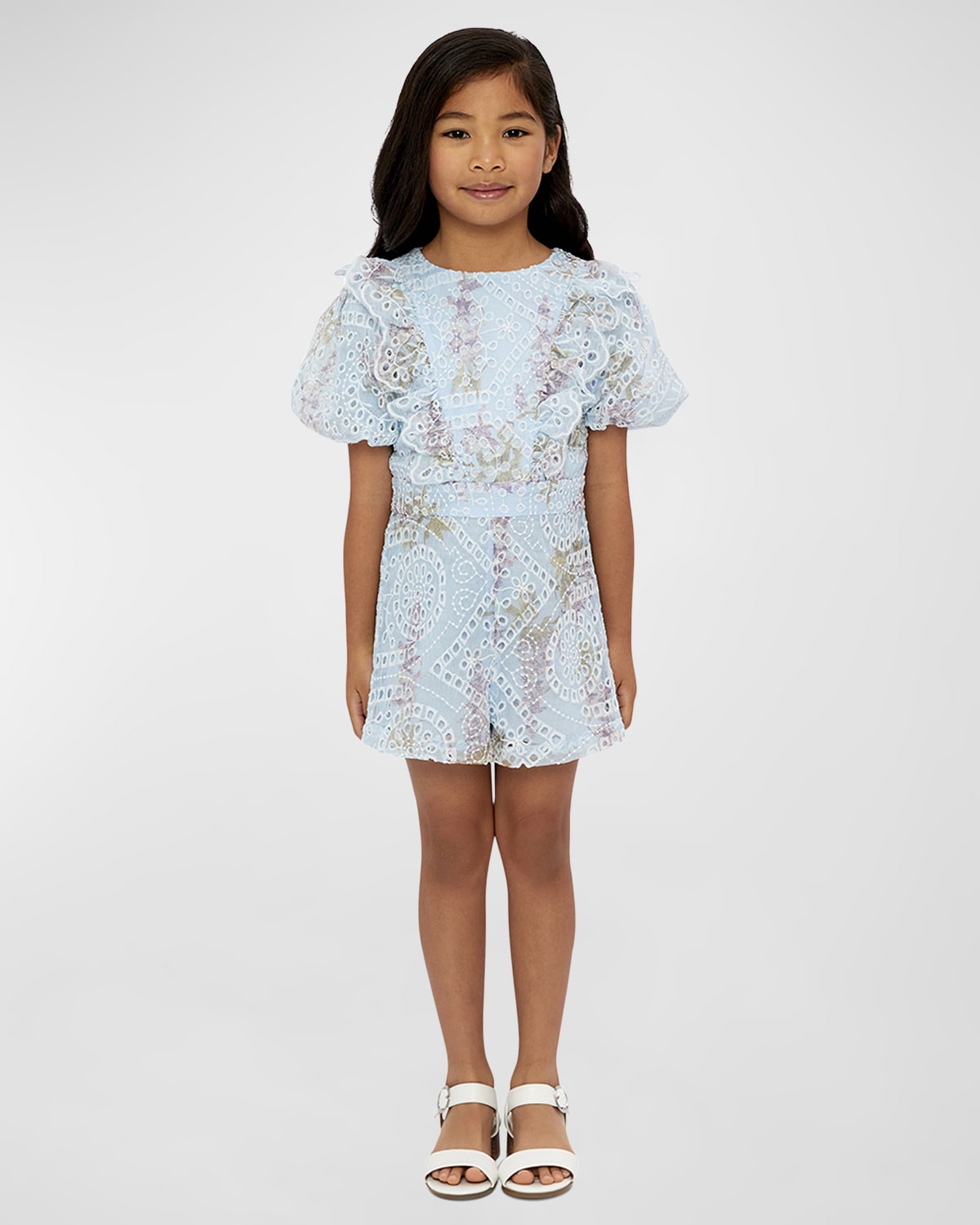 Girl's Iris Floral Embroidered Playsuit, Size 4-8