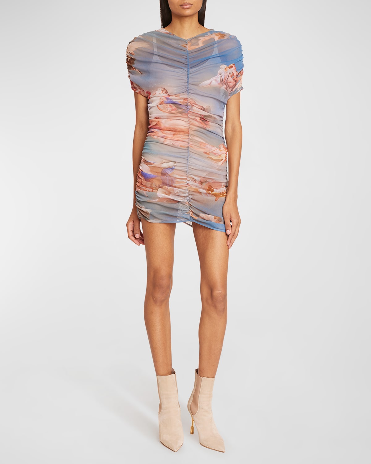 Balmain Sky-print Ruched Tulle Mini Dress In Blue Multi