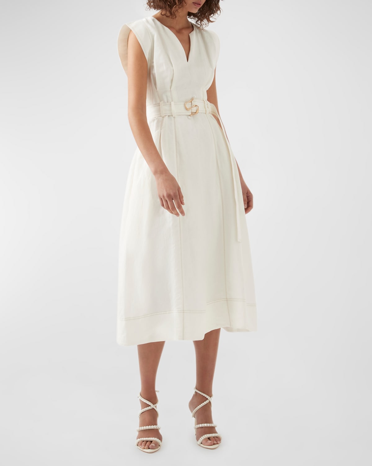 Aje Beacon Structured Topstitched Belted Midi Dress In Ivory