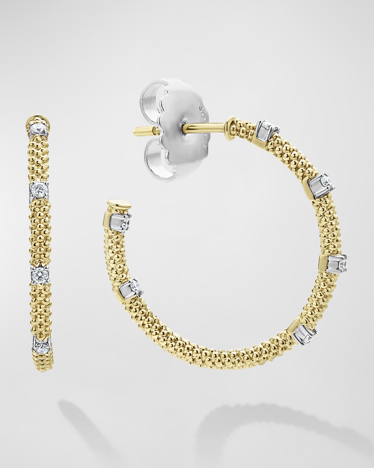 LAGOS 18K GOLD SUPERFINE CAVIAR BEADED DIAMOND HOOP EARRINGS