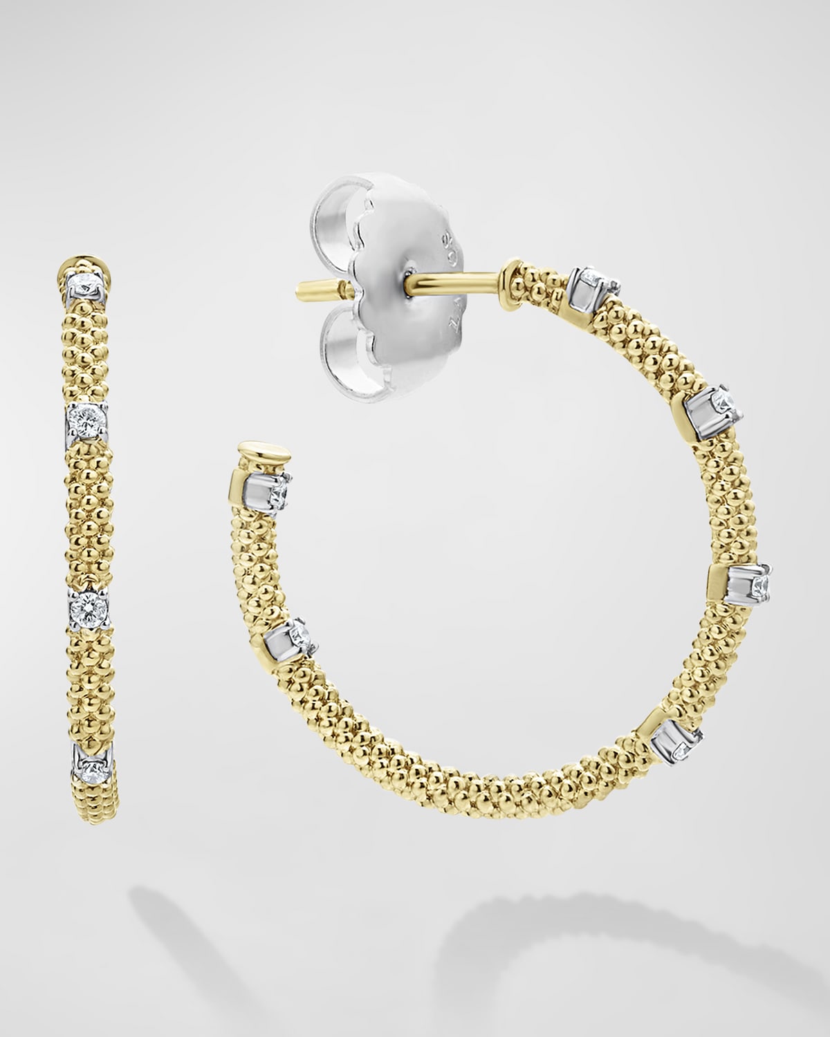 Lagos 18k Gold Superfine Caviar Beaded Diamond Hoop Earrings