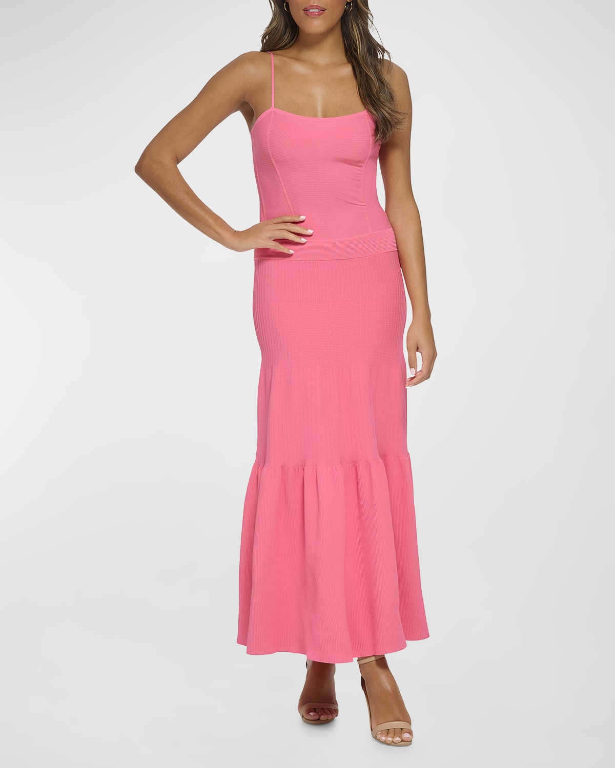 Donna Karan Ribbed A-Line Flounce Maxi Dress