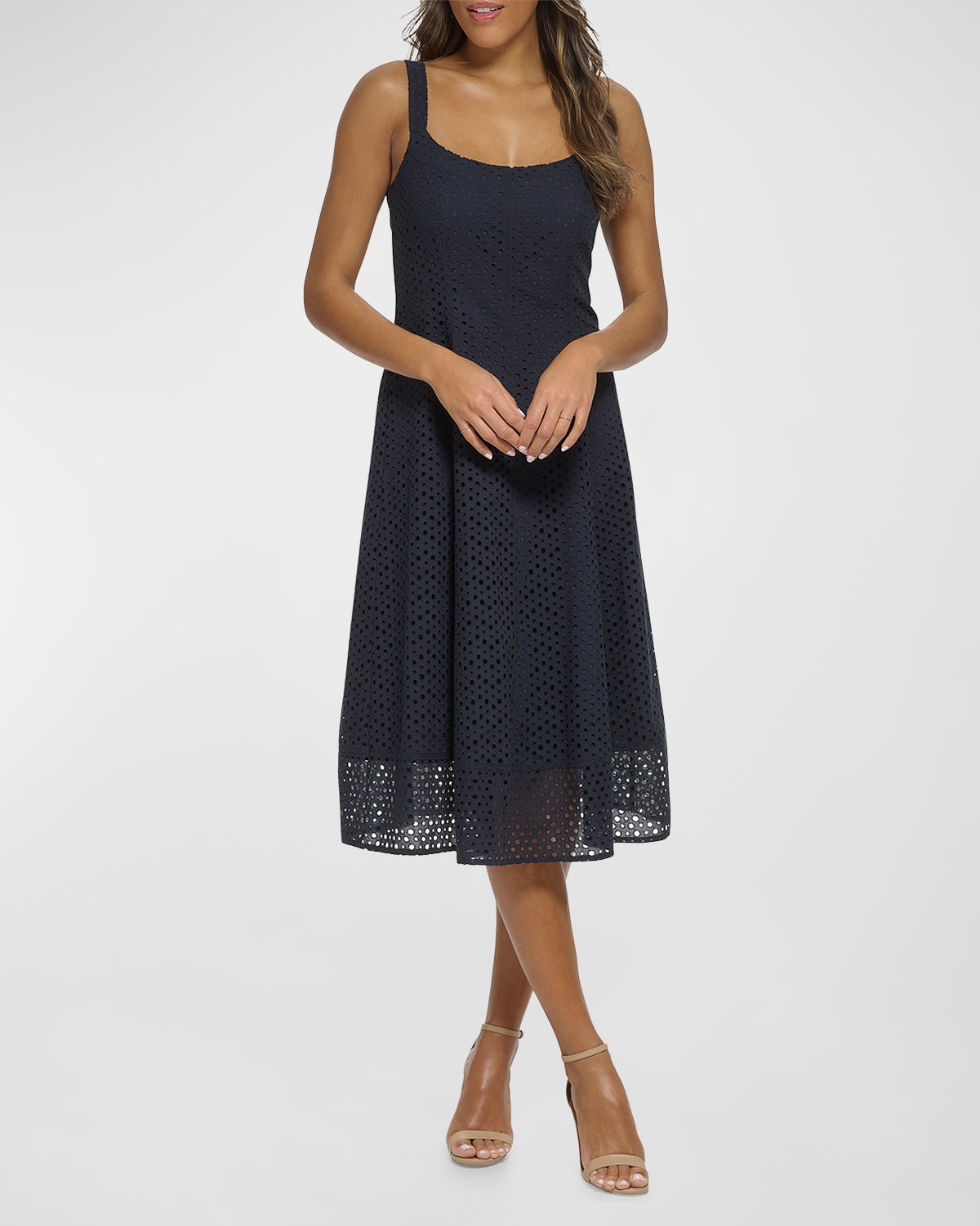 Donna Karan Eyelet Embroidered A-line Dress In Navy