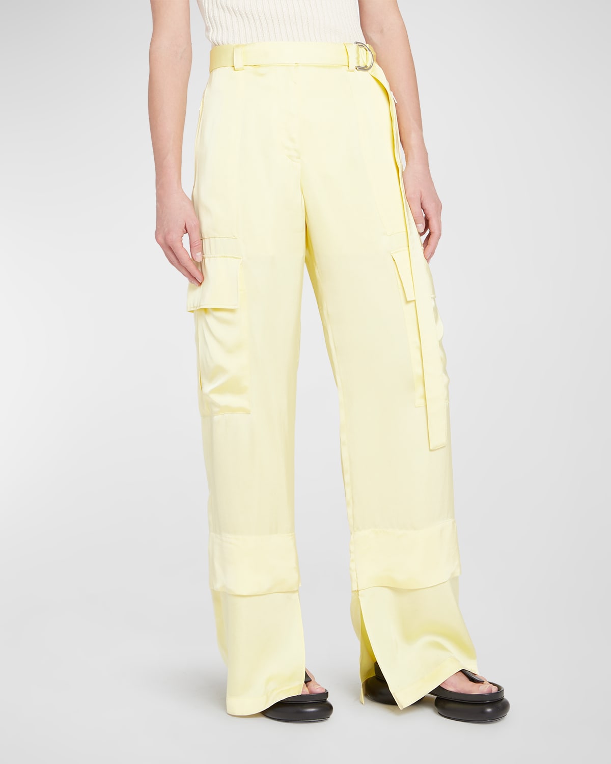 Belted Straight-Leg Satin Cargo Trousers