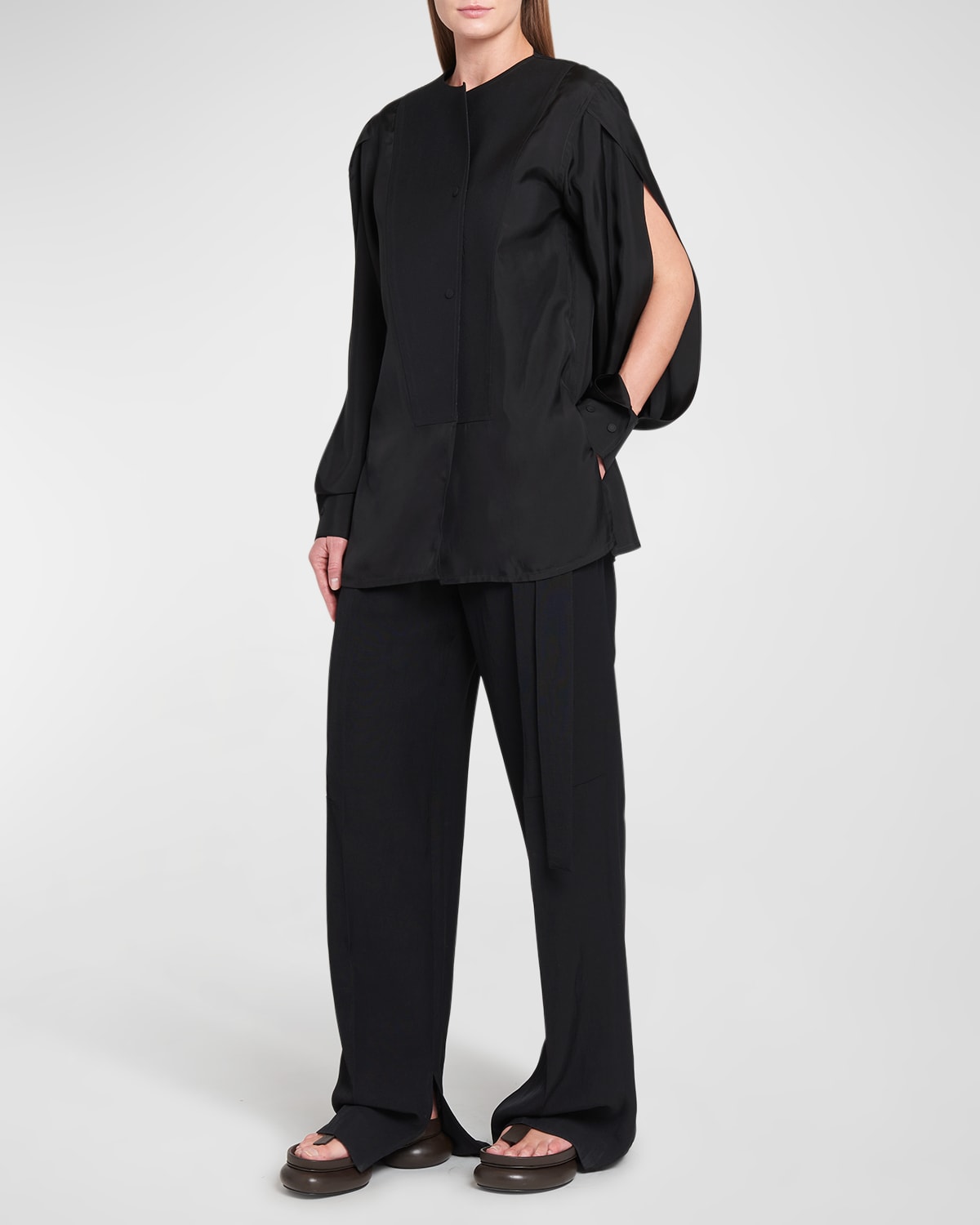 Button-Front Blouse with Split Sleeves