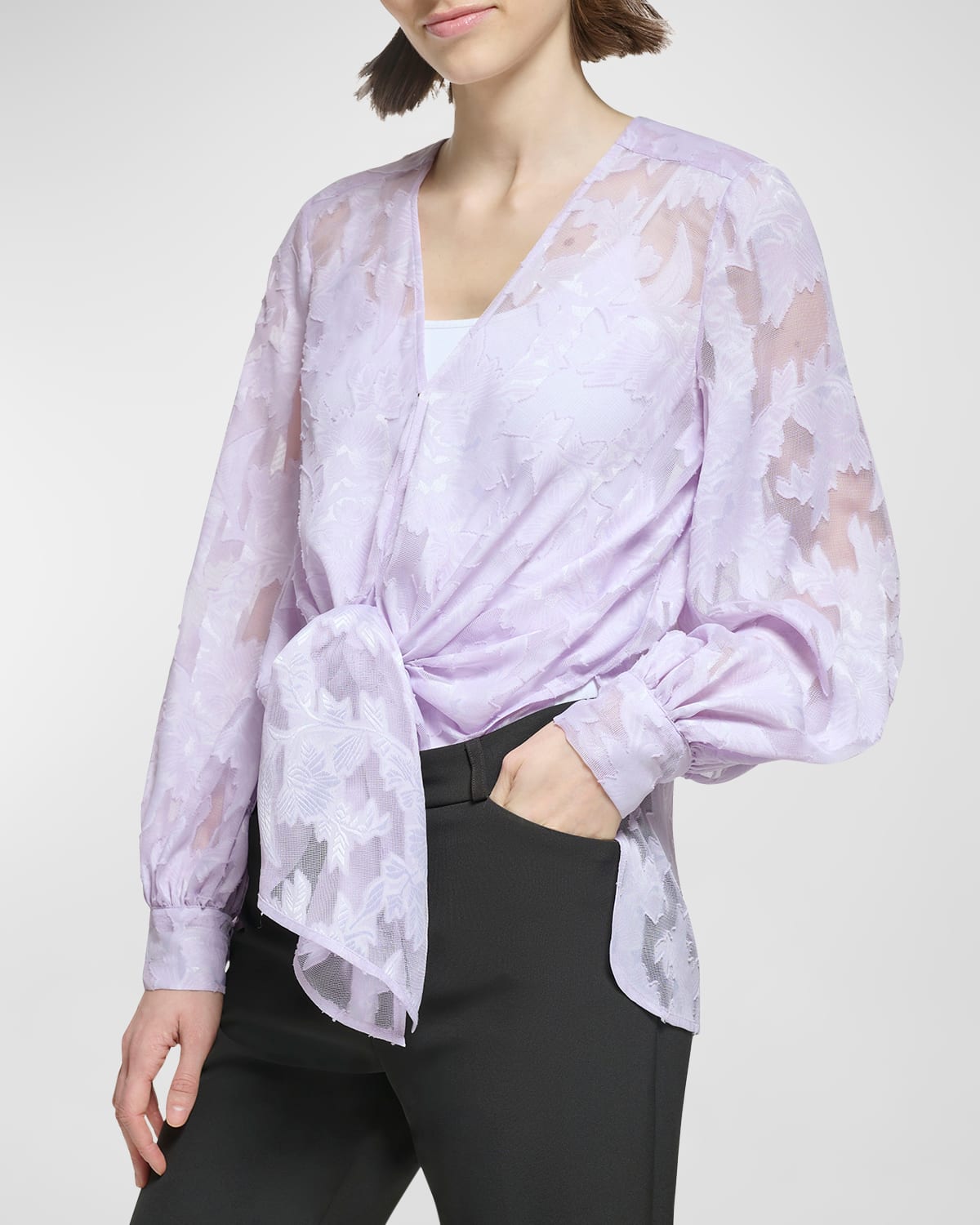 Donna Karan Floral Devore Tie-Front Blouse