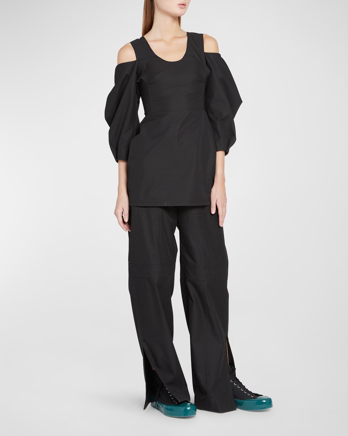 Jil Sander Gathered Cold-shoulder Top With Puff Sleeves In Black