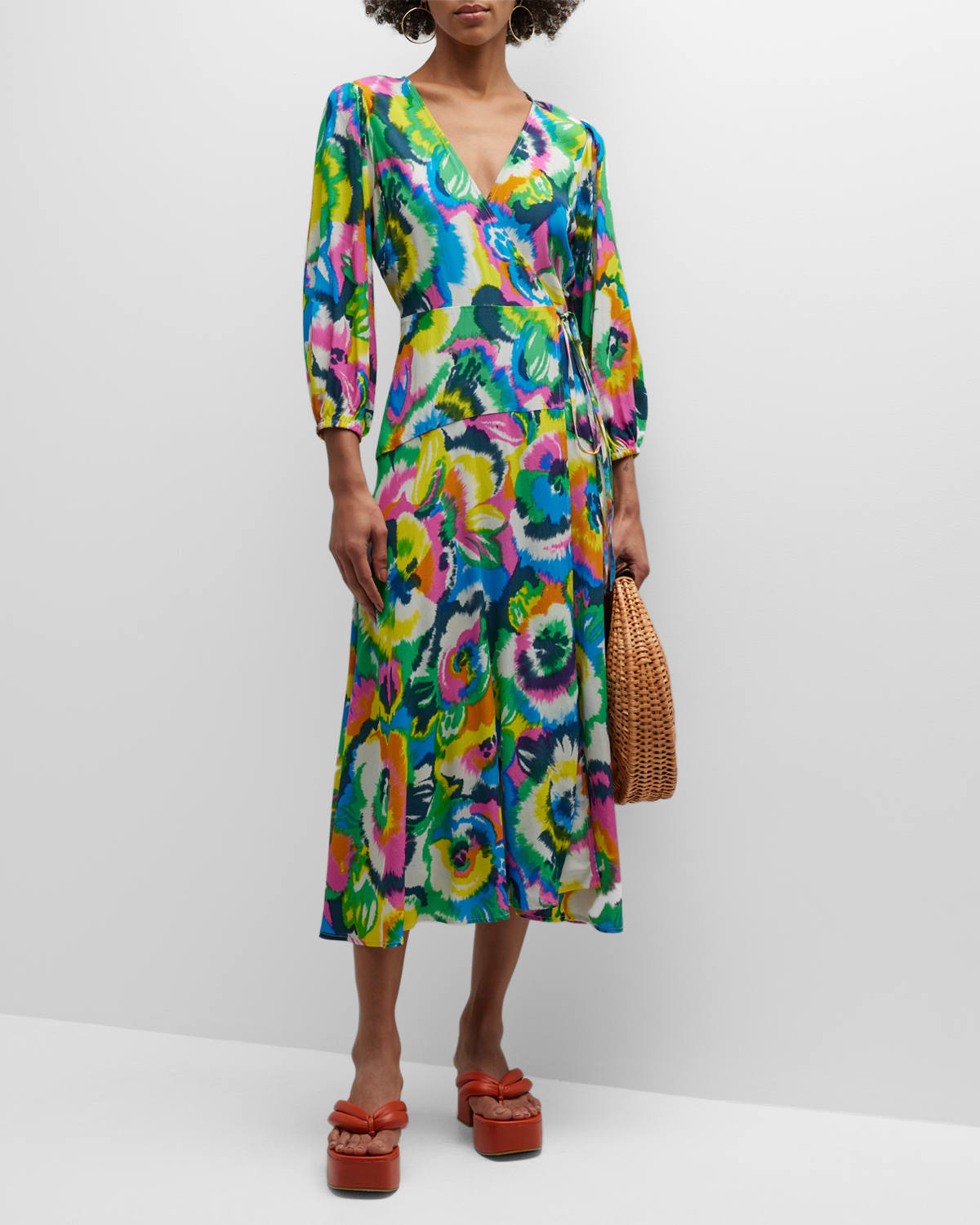 Damina Puff-Sleeve Floral-Print Midi Wrap Dress