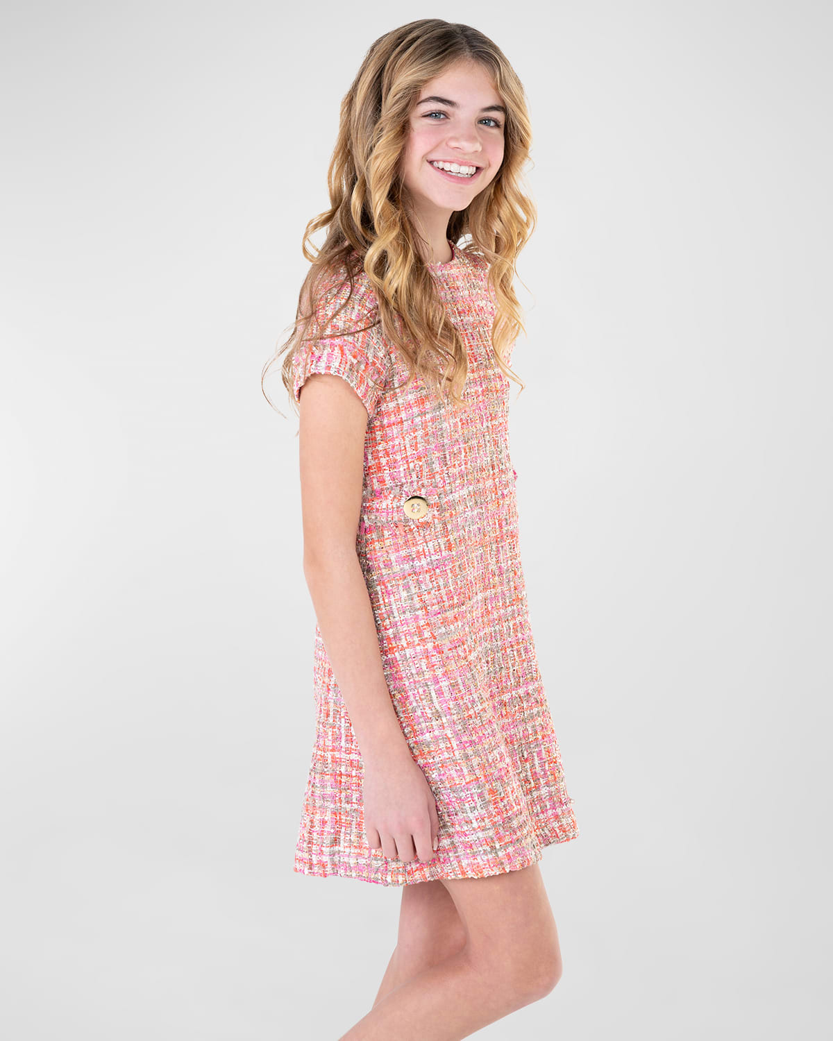 Girl's Audrey Buttoned Tweed Dress, Size 7-16