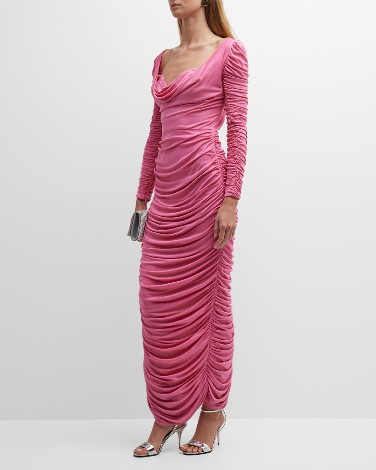 Aliétte Ruched Long-sleeve Cocktail Dress In Pink