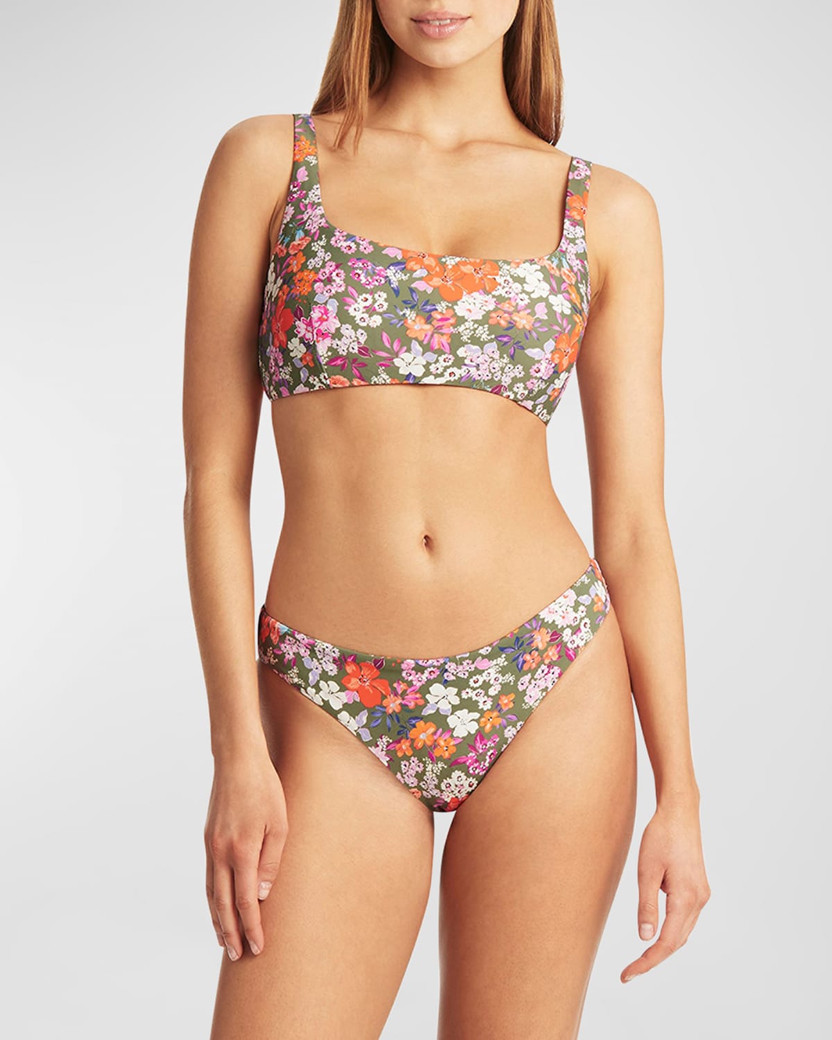 Sea Level Swim Floral Square-neck Bralette Bikini Top In Khaki
