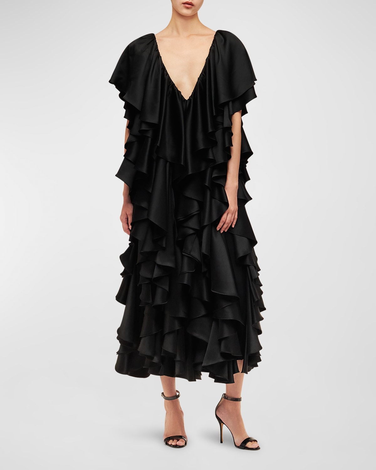 INTERIOR JANE PLUNGING TIERED RUFFLE ANKLE GOWN