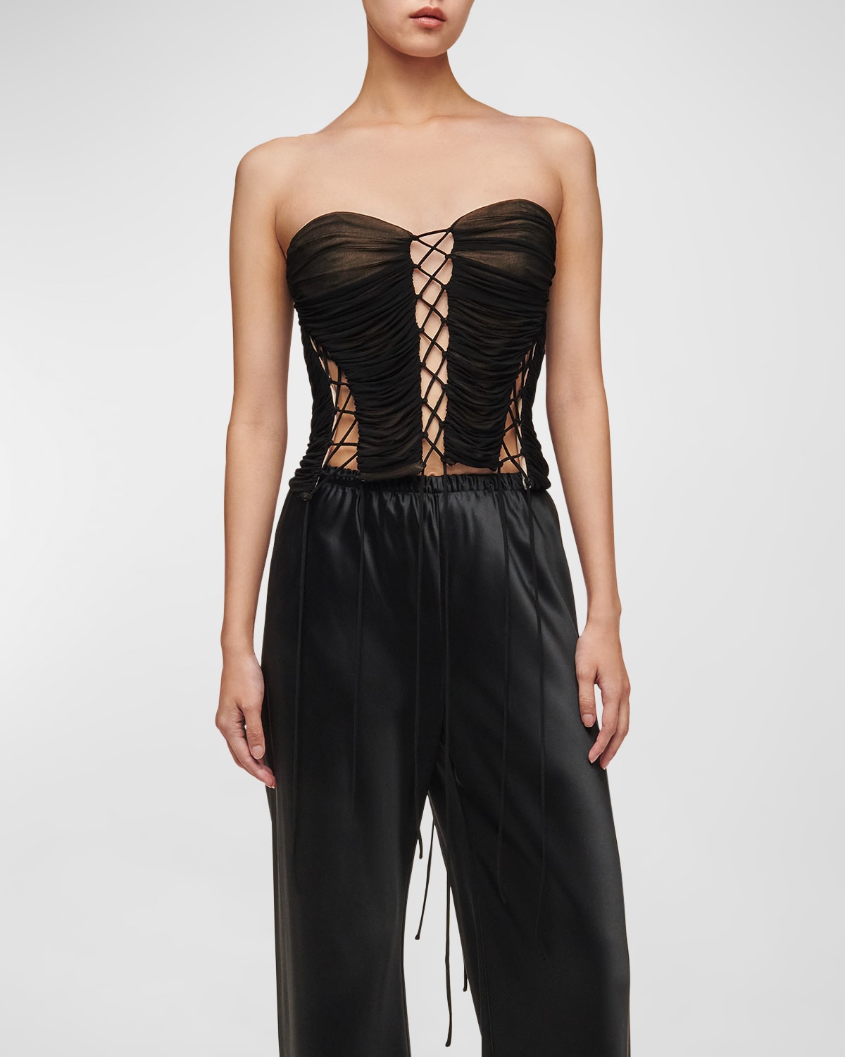 Shop Interior Bea Ruched Lace-up Cutout Corset Top In Matte Black