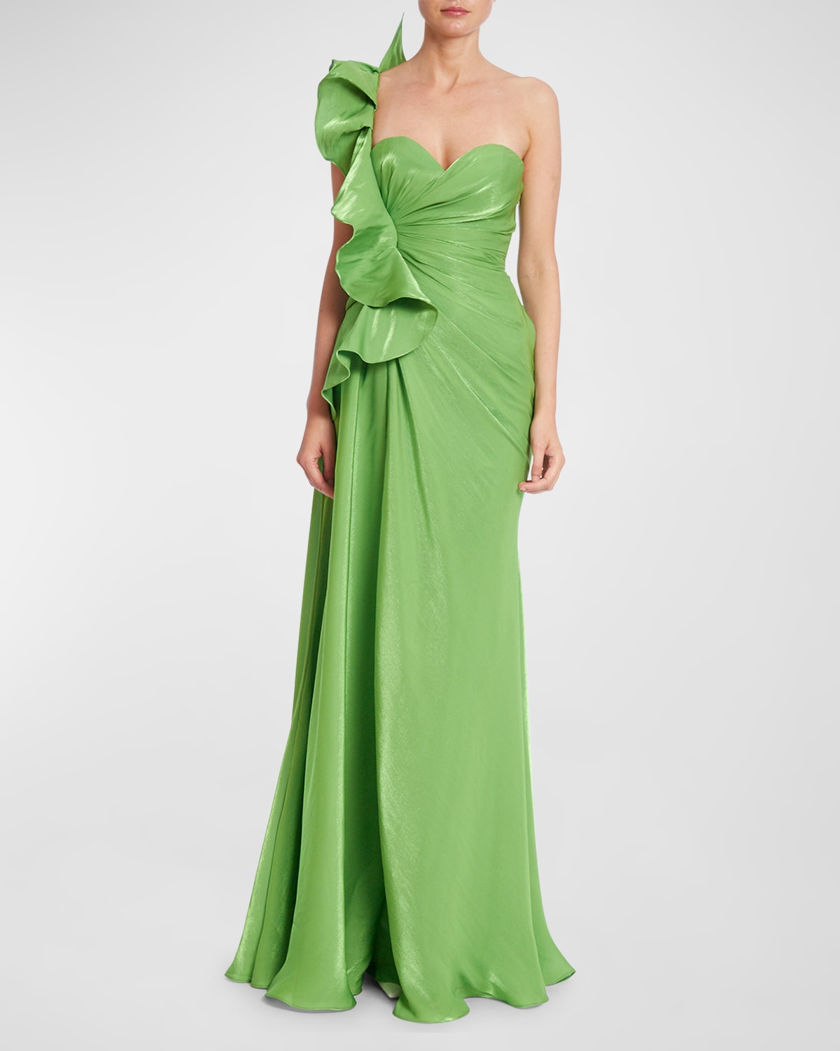 Badgley Mischka Botanical Leaf Ruched Ruffle Sweetheart Gown In Aloe