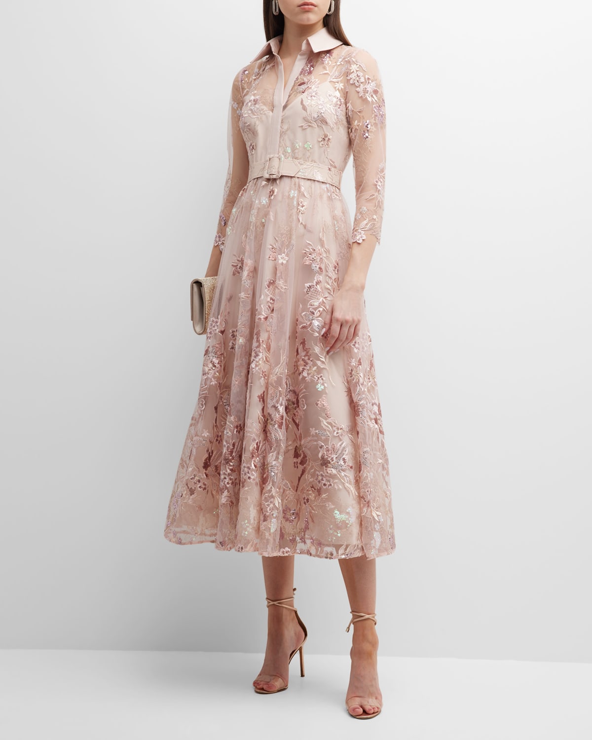 Floral-Embroidered Sequin Midi Shirtdress