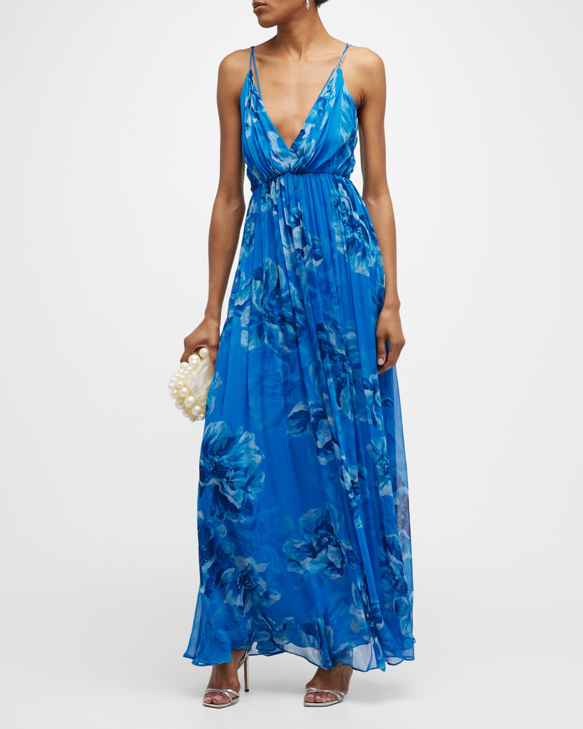 HALSTON MINDY PLEATED FLORAL-PRINT CHIFFON GOWN