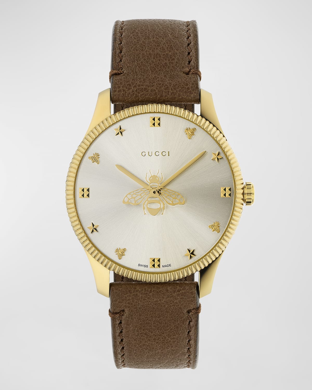 GUCCI 36MM BEE LOGO PVD WATCH WITH BROWN LEATHER STRAP