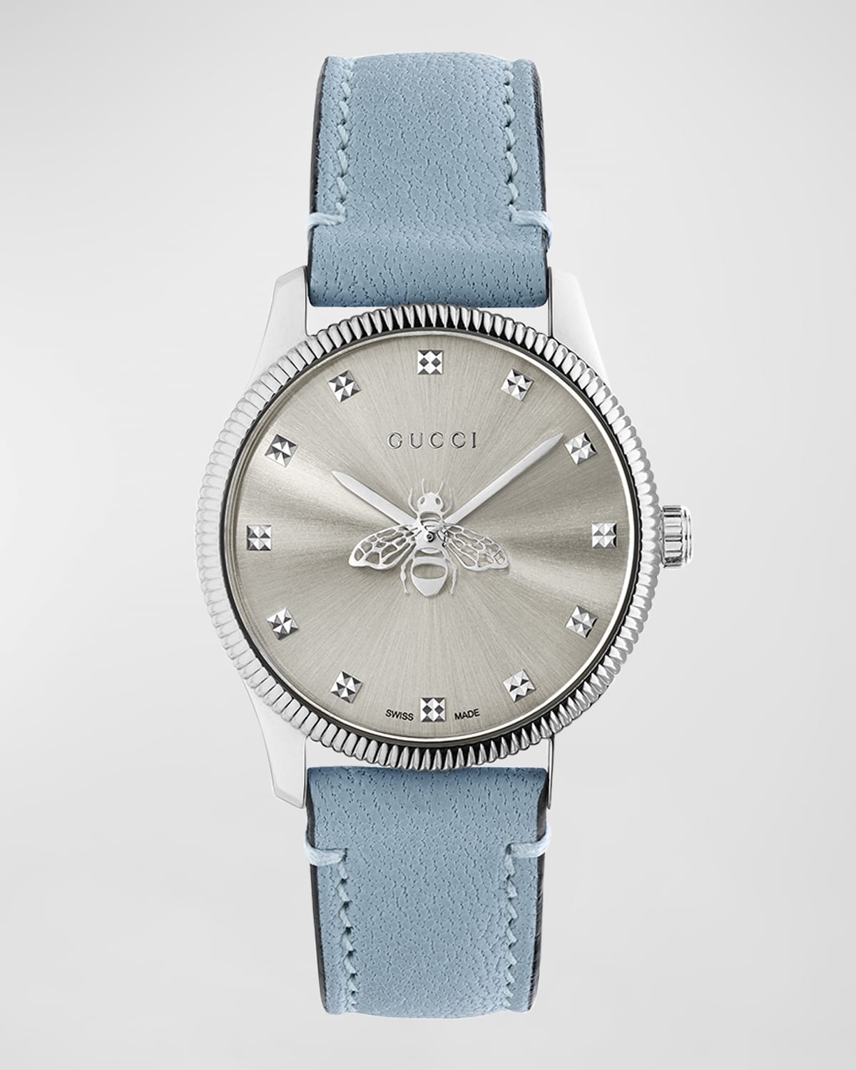 GUCCI 29MM BEE LOGO WATCH WITH BLUE LEATHER STRAP