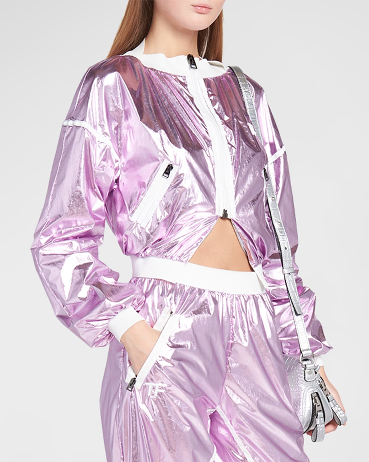 Tom Ford Metallic Laminated Technical Nylon Crop Track Jacket In Rose