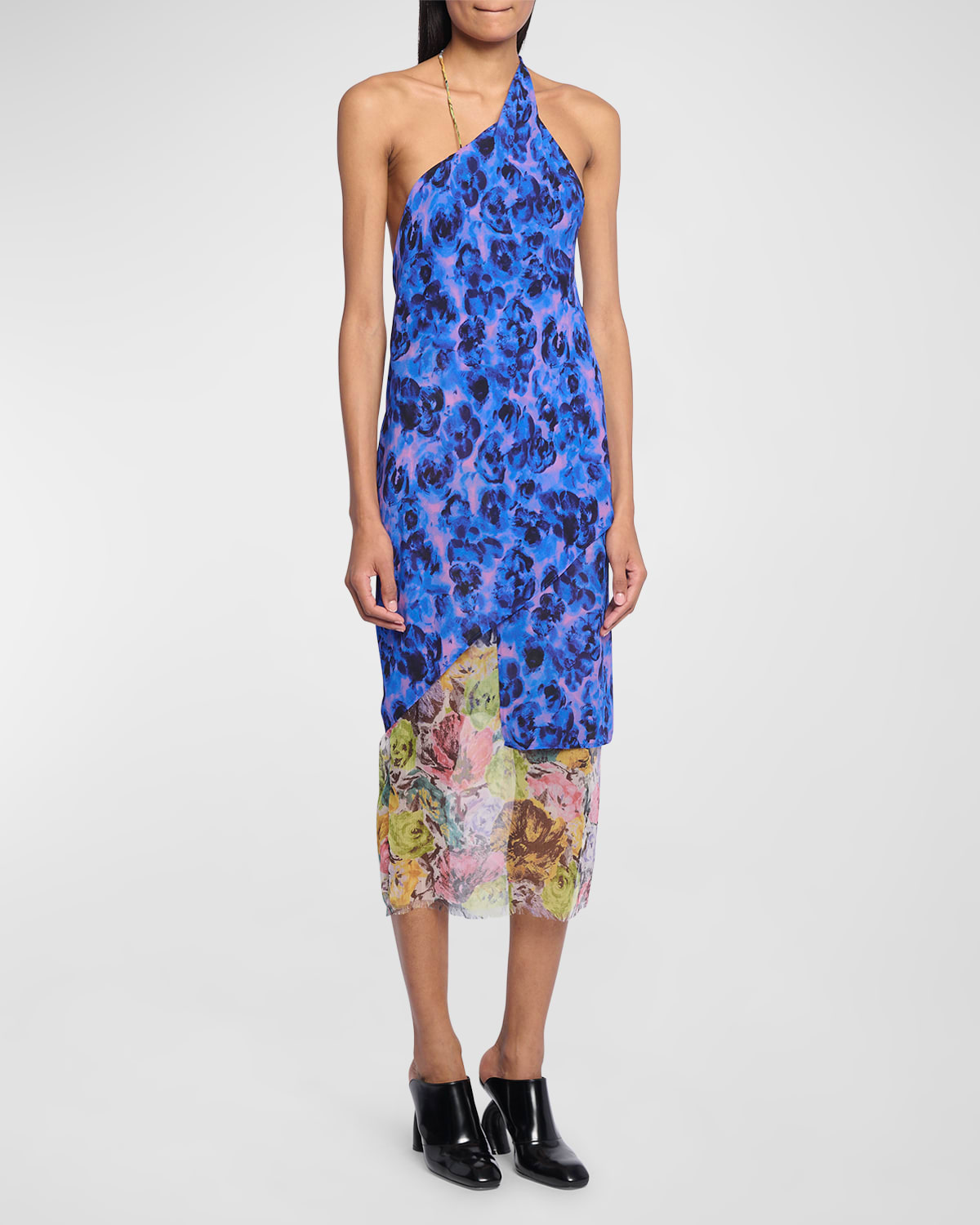 DRIES VAN NOTEN DRILL ONE-SHOULDER LAYERED FLORAL-PRINT MIDI DRESS