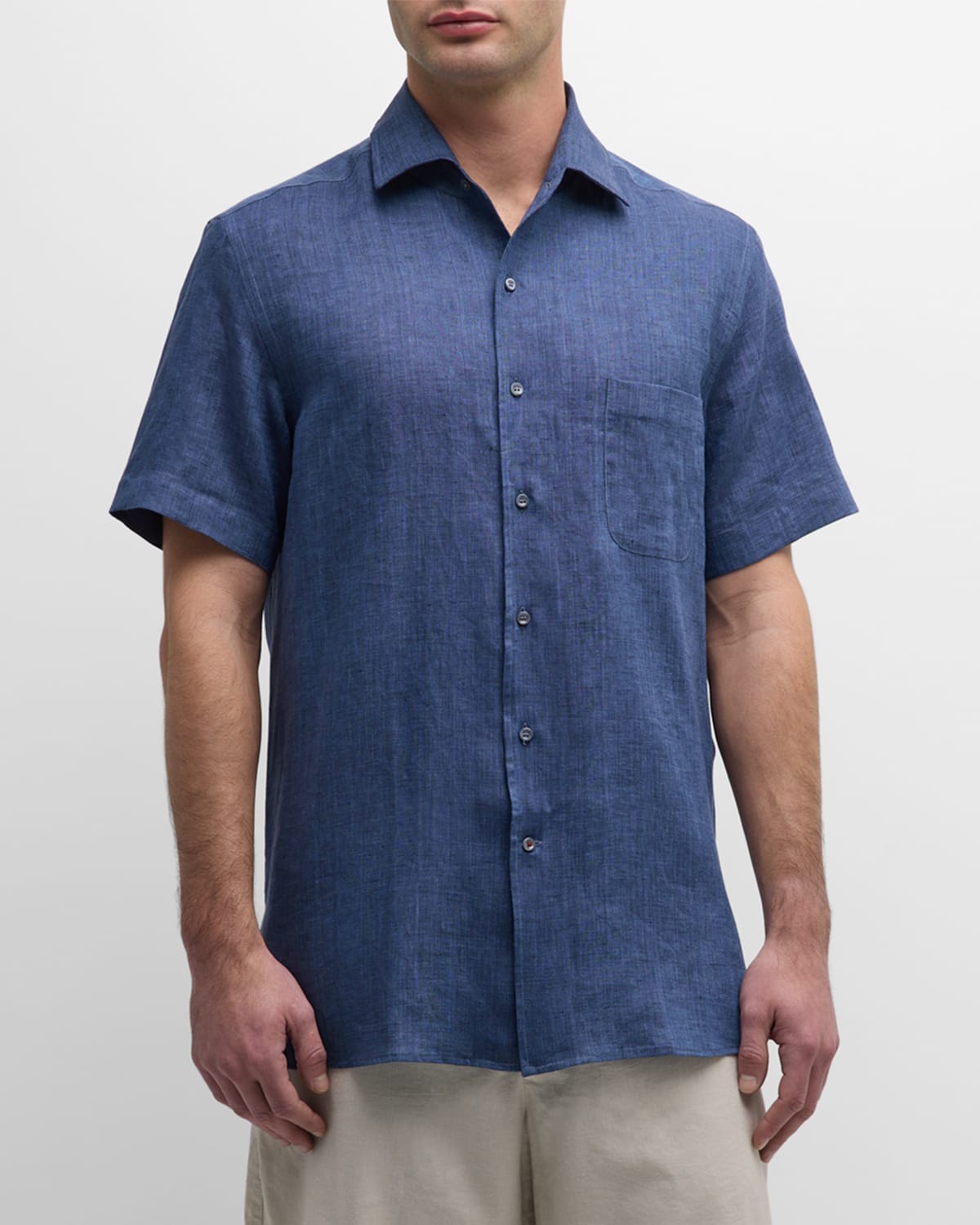 Shop Loro Piana Men's Linen Pocket Sport Shirt In Blue Still Water