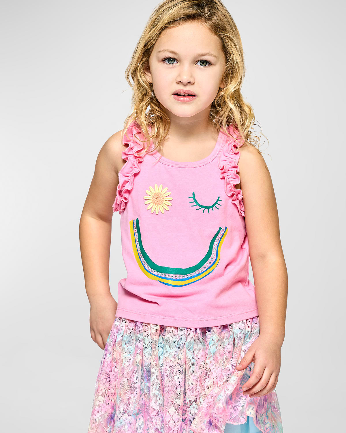 Girl's Graphic Winky Happy Face Tank Top, Size 7-10