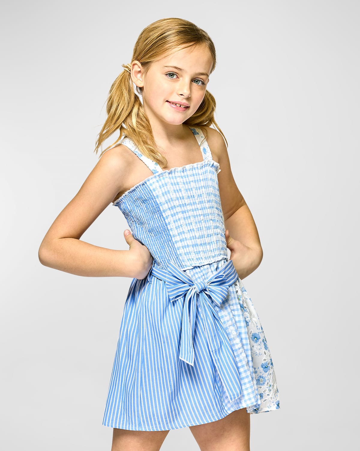 Girl's Mixed-Print Smocked Dress, Size 4-6