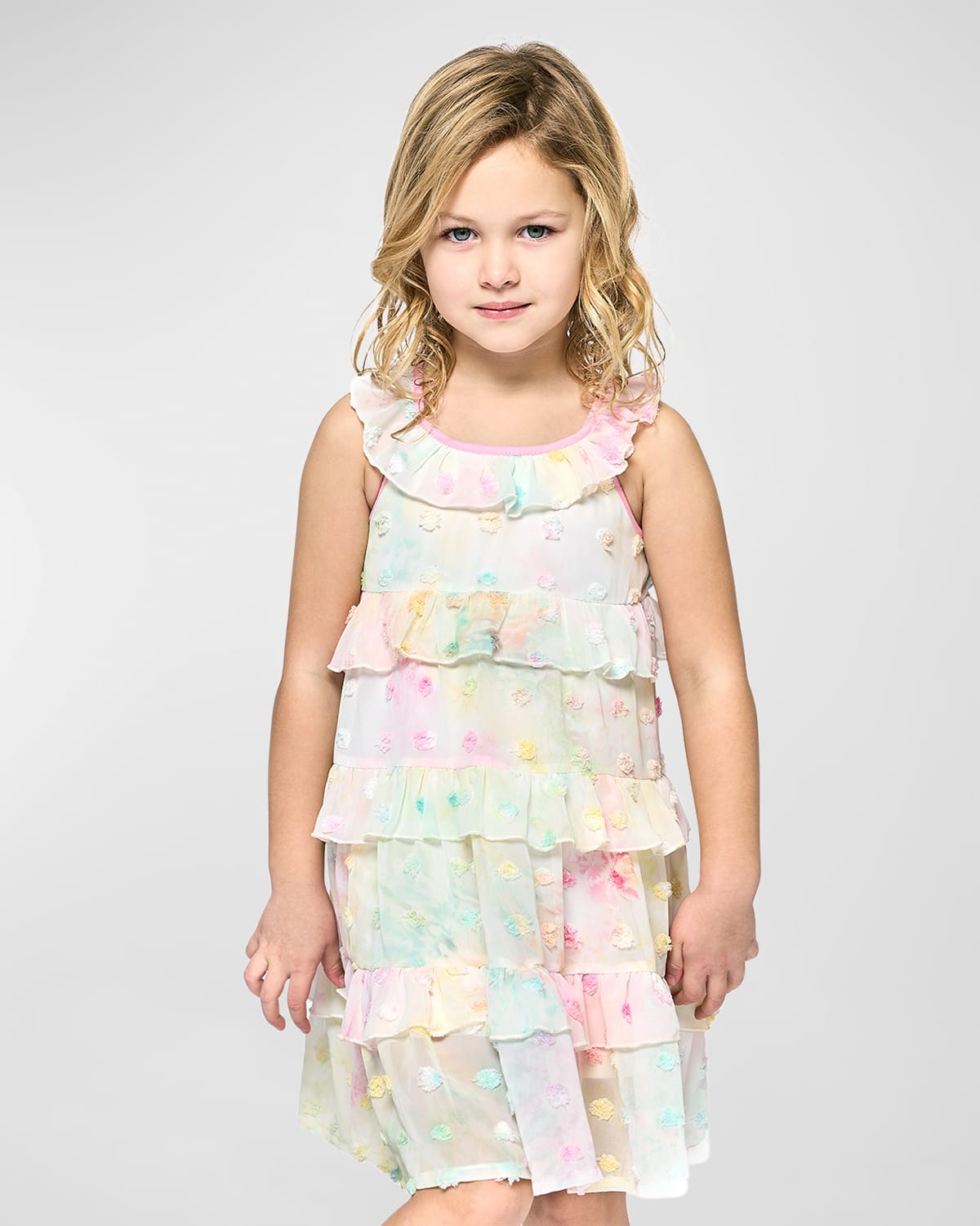 Girl's Watercolor Tiered 3D Polka Dot Dress, Size 7-10
