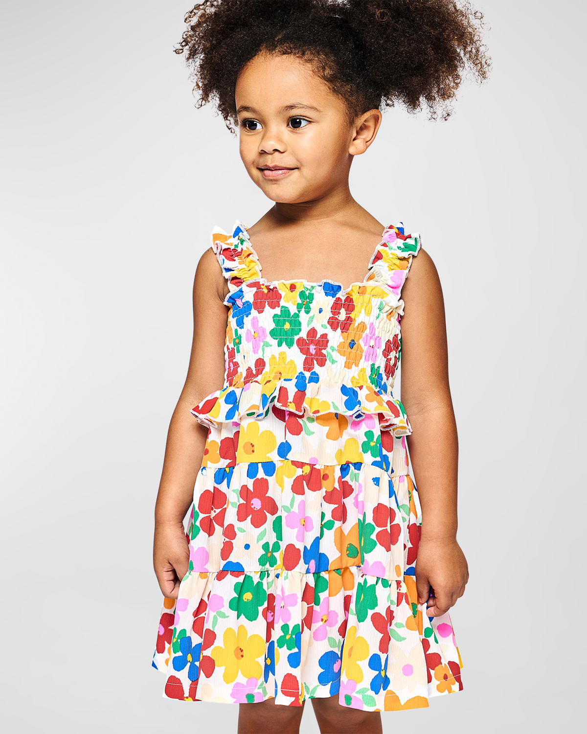 Girl's Multicolor Floral Graphic Smocked Tiered Dress, Size 7-14