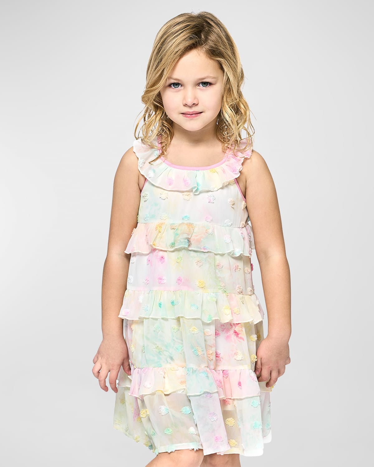 Girl's Watercolor Tiered 3D Polka Dot Dress, Size 2T-6