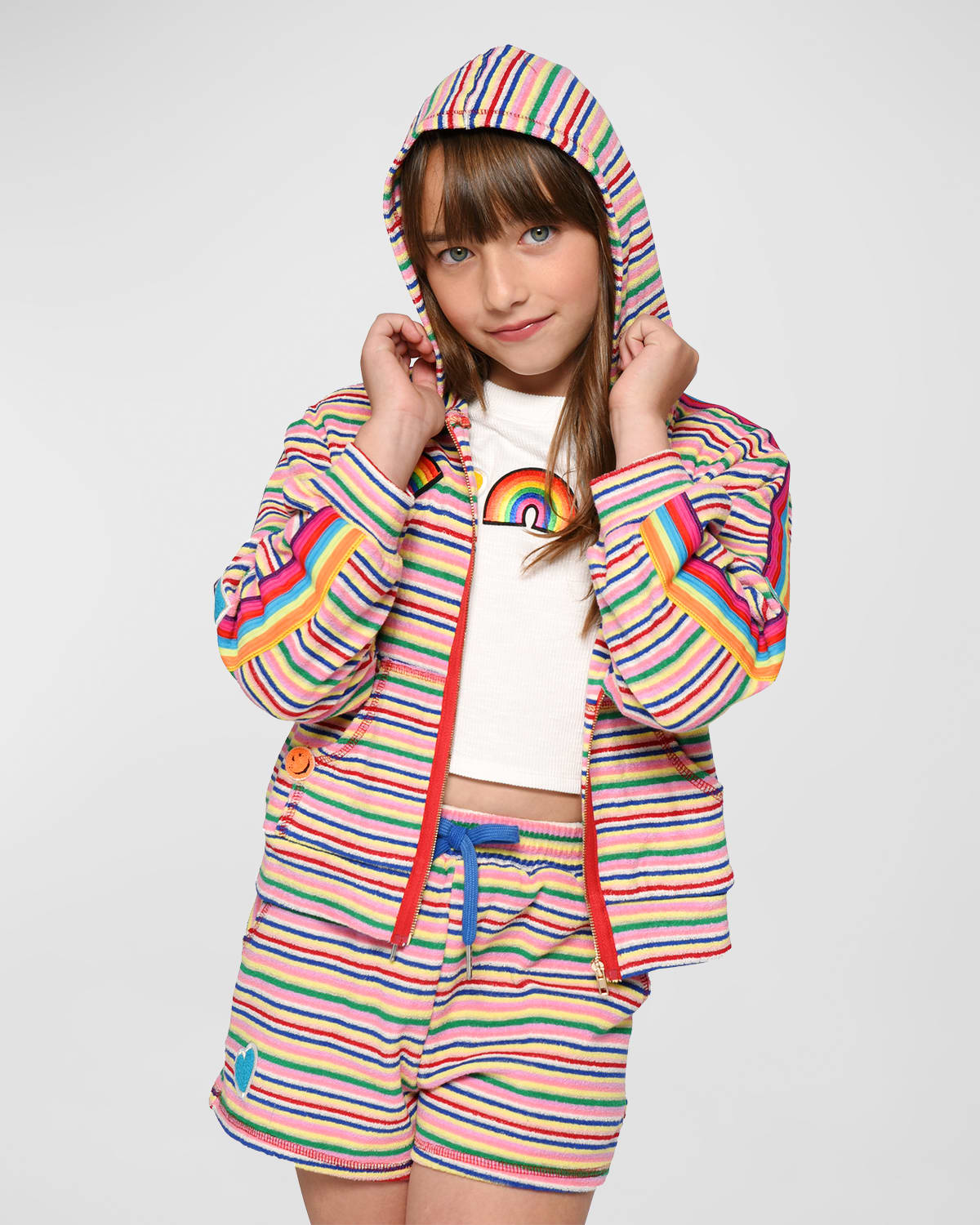 Girl's Multicolor Striped Hoodie W/ Patches, Size 7-14