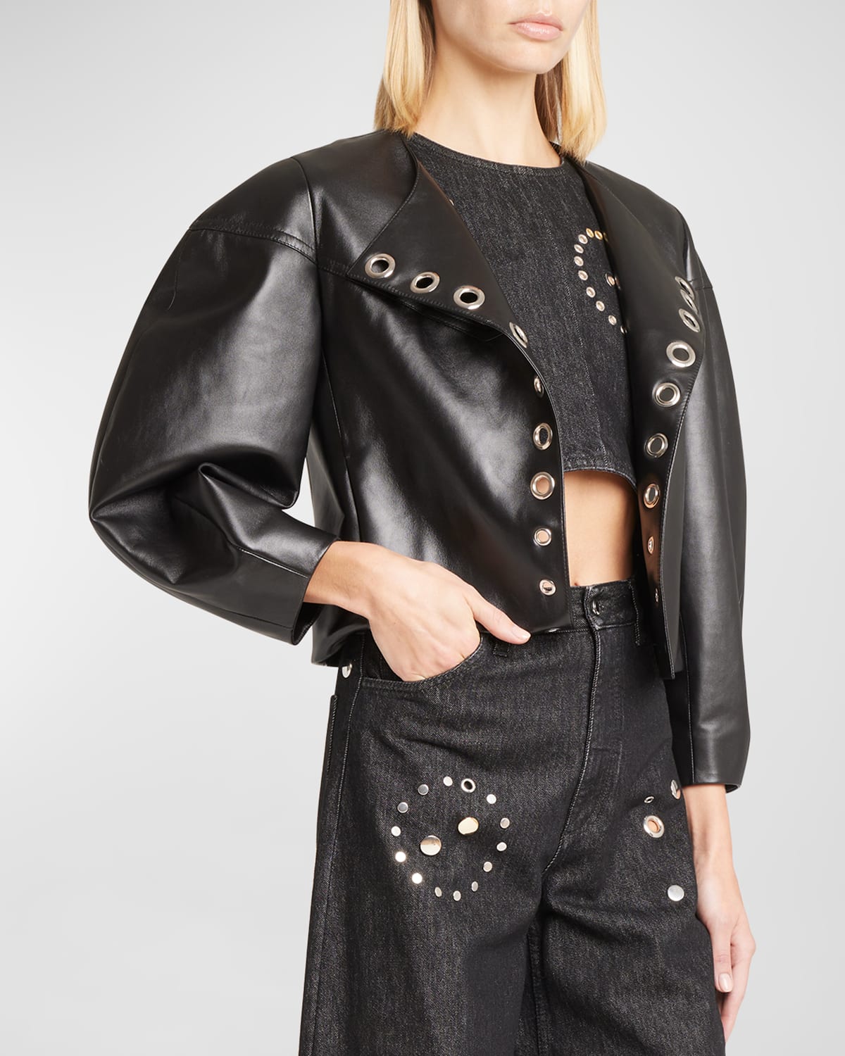 CHLOÉ LEATHER SHORT JACKET WITH GROMMET DETAIL