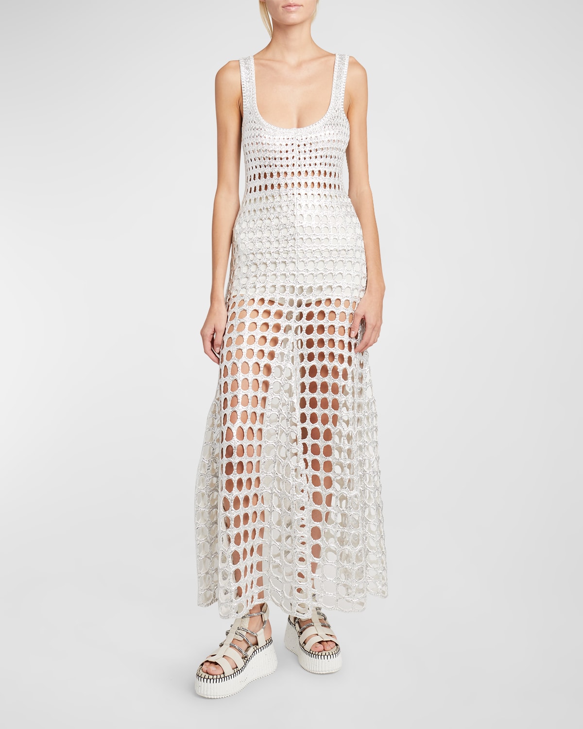 CHLOÉ SILVER MACRAME MAXI DRESS WITH LACE-UP BACK