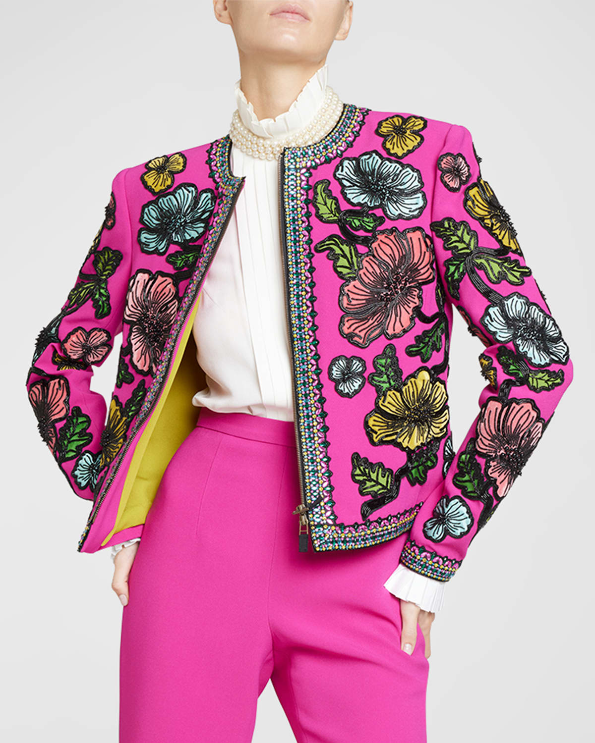 Andrew Gn Floral Beaded Woven Jacket In Magenta
