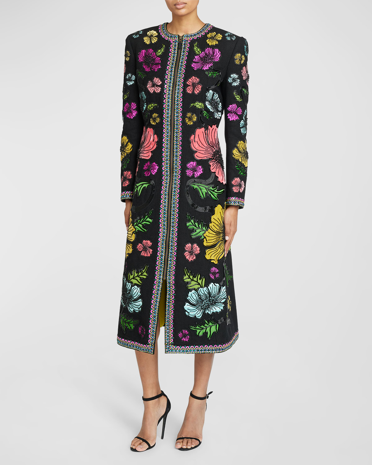 Floral Beaded A-Line Woven Long Coat